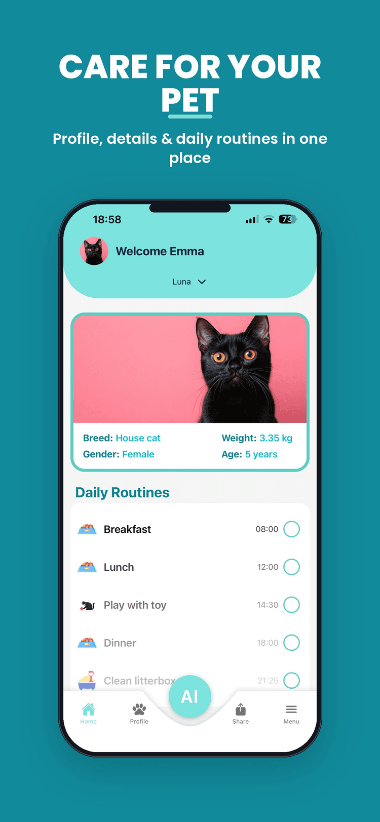 Care for your pet — profile, details and daily routines in one place