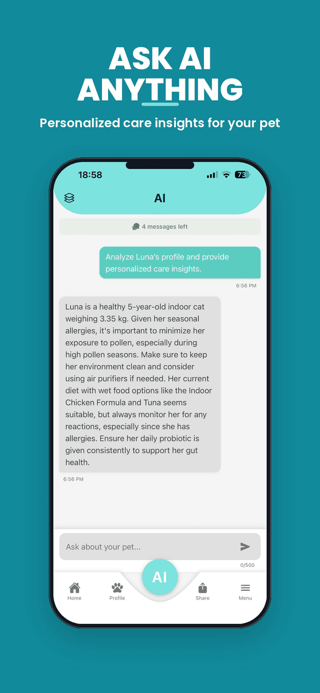 Ask AI anything — personalized care insights for your pet