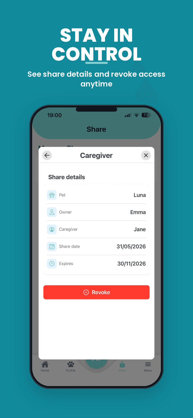 Stay in control — see share details and revoke access anytime